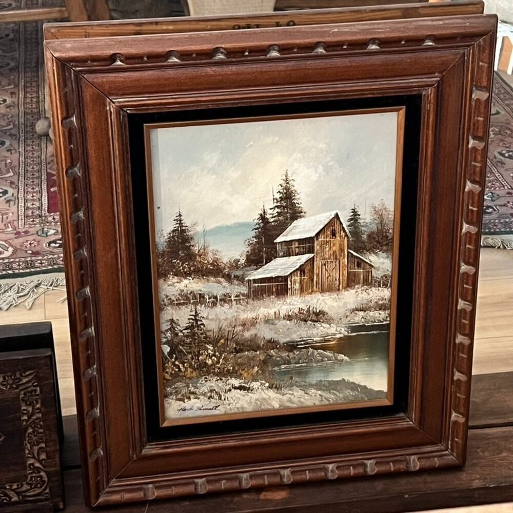 Farmhouse Landscape Oil Painting 19.5x24" Brown Barn Snow Framed Herb Parnall
